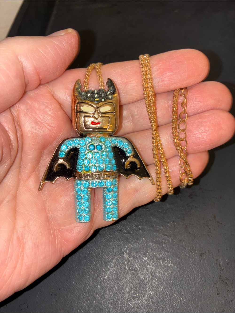 Gold-Tone Batman Pendant/Brooch Necklace with Turquoise Crystals